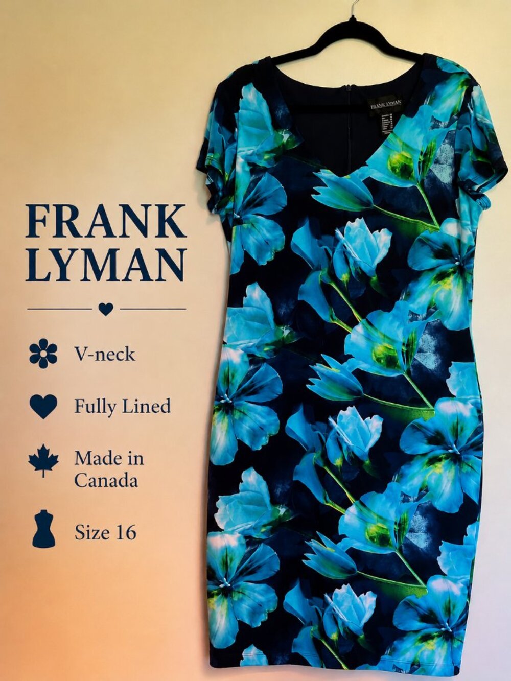 Frank Lyman Designer Blue Floral Dress  Canadian Made Fully lined V-Neck Size 16